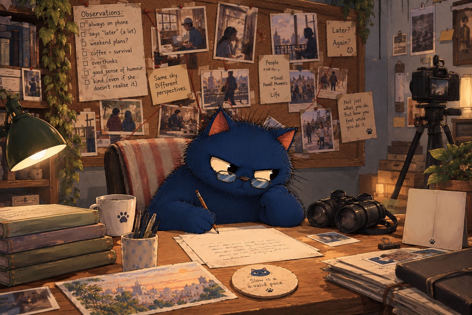 The cat at its desk at night, writing, surrounded by pinned photographs and notes about the people it watches.