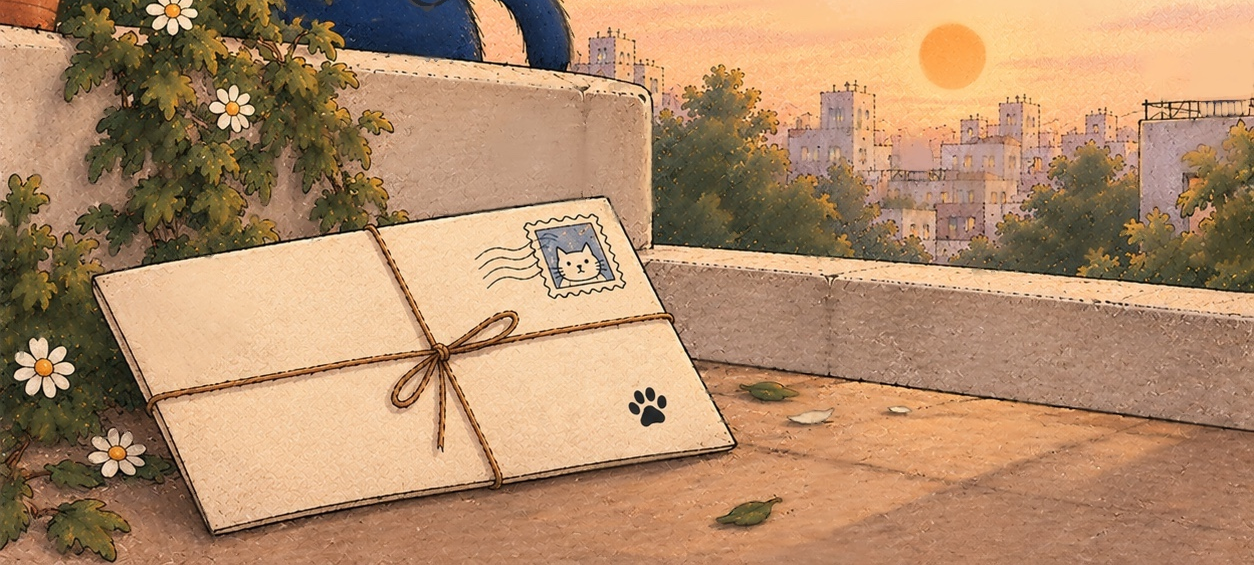 A paper letter tied with twine and a cat postage stamp, resting on a ledge at sunset.